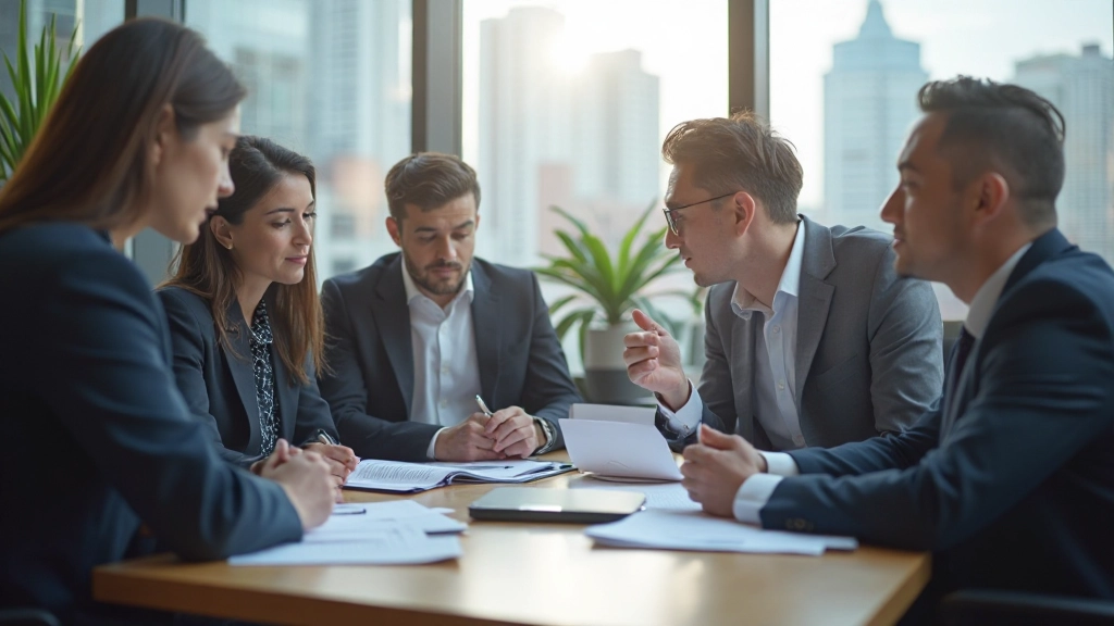 Команда предпринимателей обсуждает стратегию роста компании, казахстанский офис с картой Казахстана