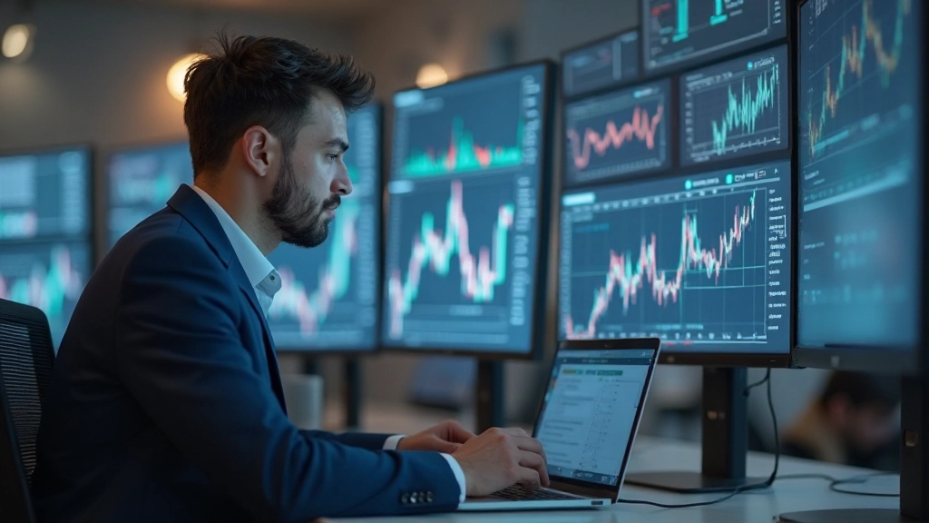 Молодой инвестор анализирует криптовалютные и финансовые тренды на экране
